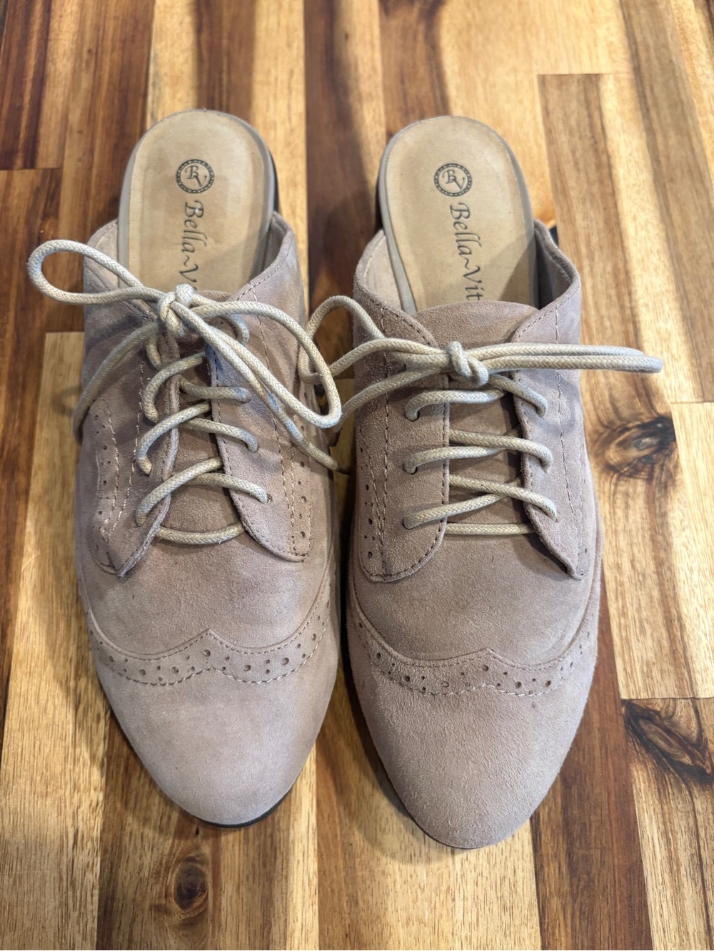Bella Vita Taupe Suede Lace-Up Mules with Brogue Detailing
